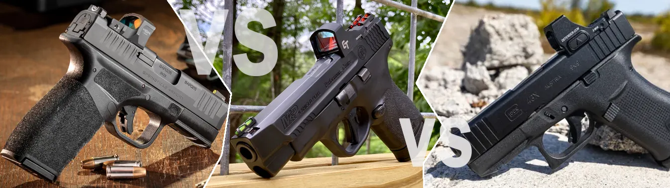 Porównanie trzech topowych pistoletów EDC: Springfield Hellcat OSP, S&W M&P 9 Shield Plus oraz Glock 43X MOS